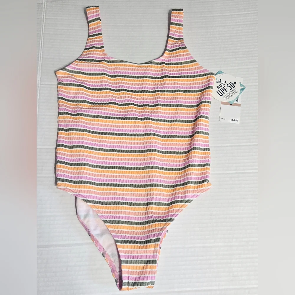 Roxy Girls One-Piece Swimsuit Size 12 Pastel Stripe Ribbed Low Back UPF 50+ NWT